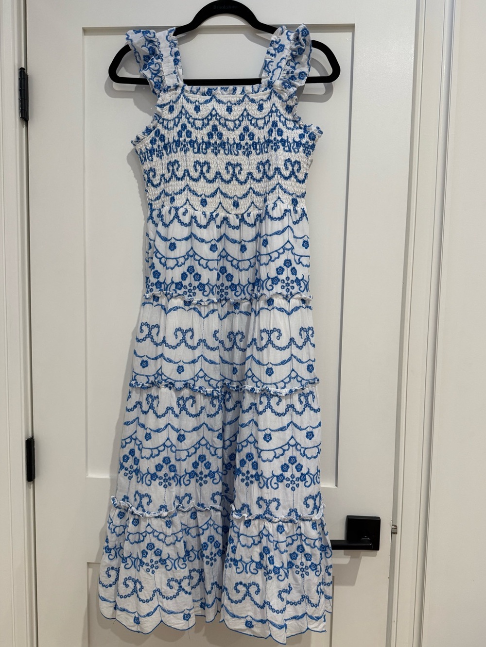 Rare Editions White Dress with Blue Embroidered Tiered Skirt